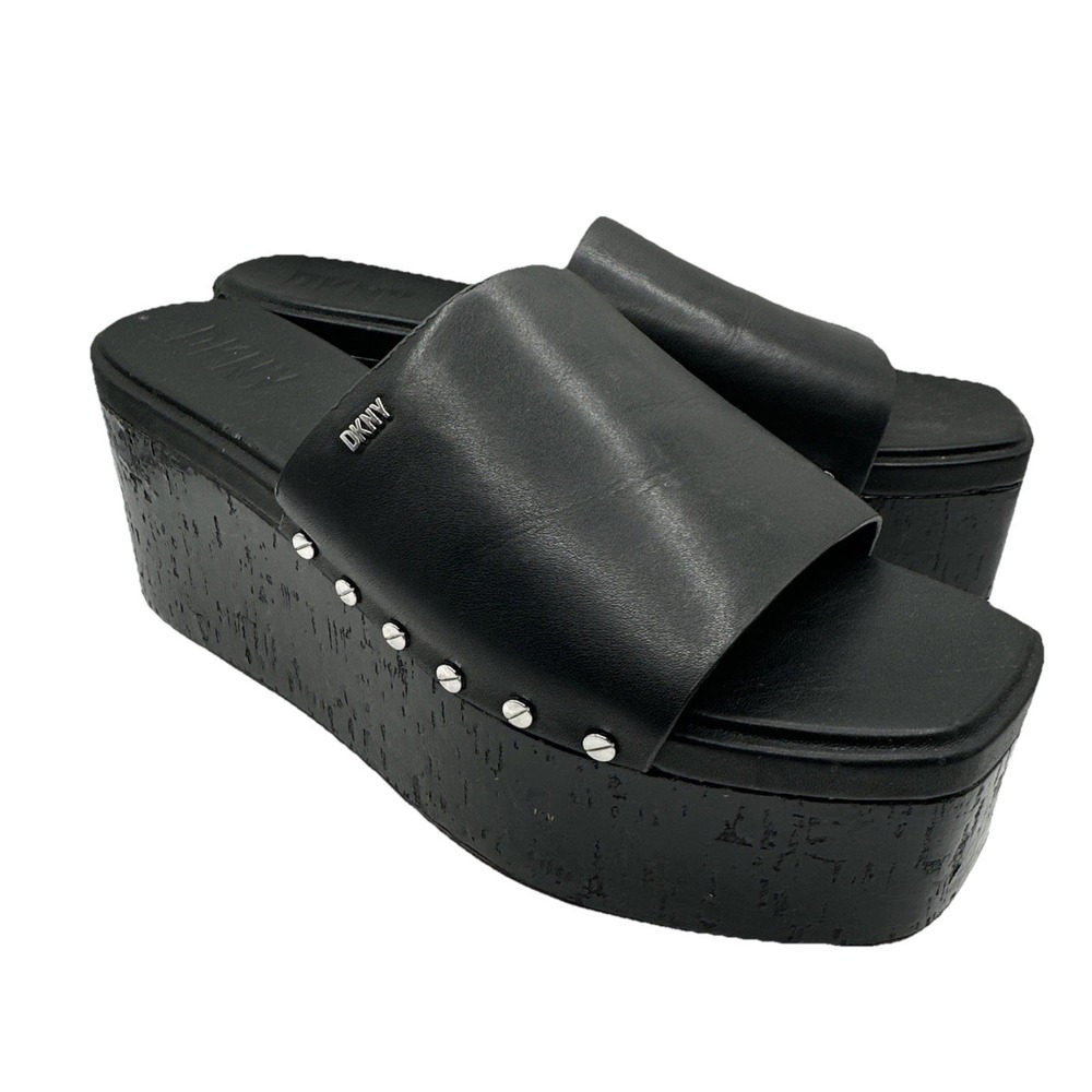 DKNY Black Slip On Leather Slide Sandals Shoes Chunky Wedge Platform Sz 11